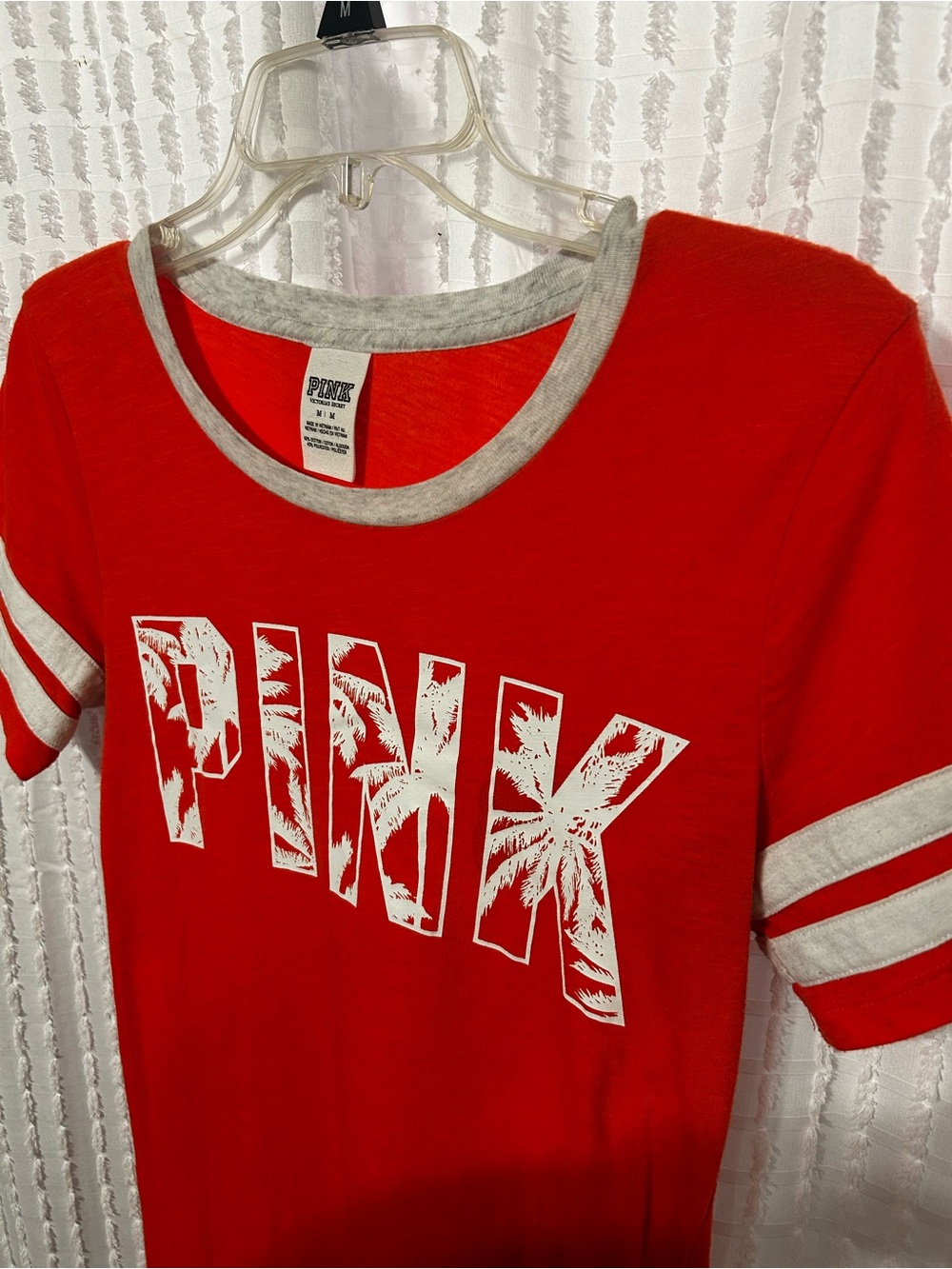 Pink Victoria's Secret Ringer Tee Orange Palm Tree‎ Graphic Stripe Shirt M